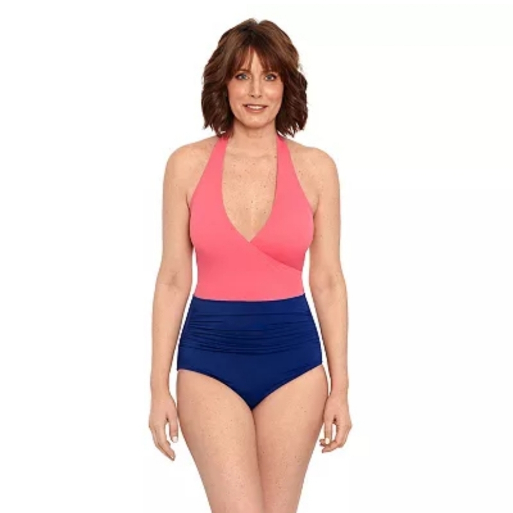Bal Harbour One Piece Color Block Halter One Piece Tummy Control Swimsuit 20 New
